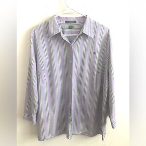 Lauren Ralph Lauren Women’s 1X Button Up Lavender Green Striped Oxford Shirt